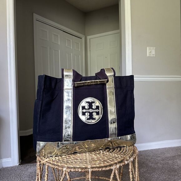 Tory Burch Handbags - TORY BURCH Large Canvas Tote Navy Blue Shopper Bag Metallic Top Handle